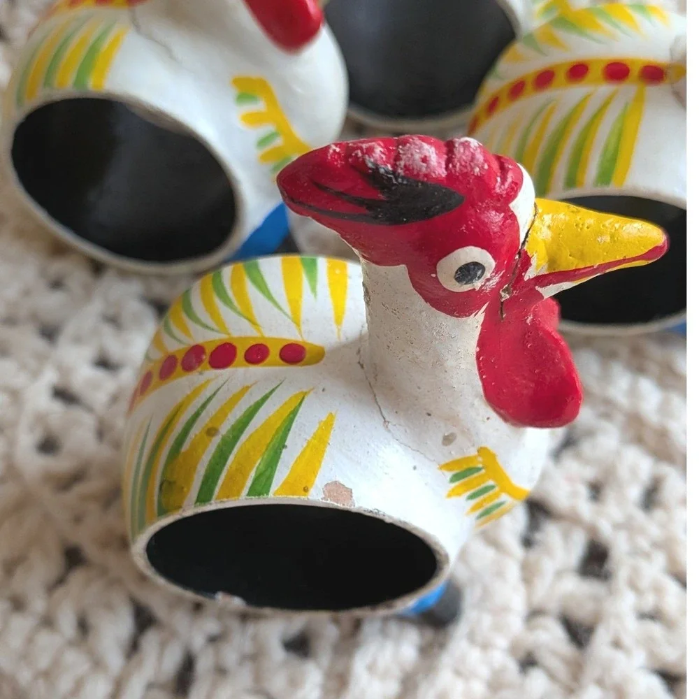 Vintage Hand Painted Rooster Napkin Rings‎ Set of 4 Folk Art Farmhouse Decor